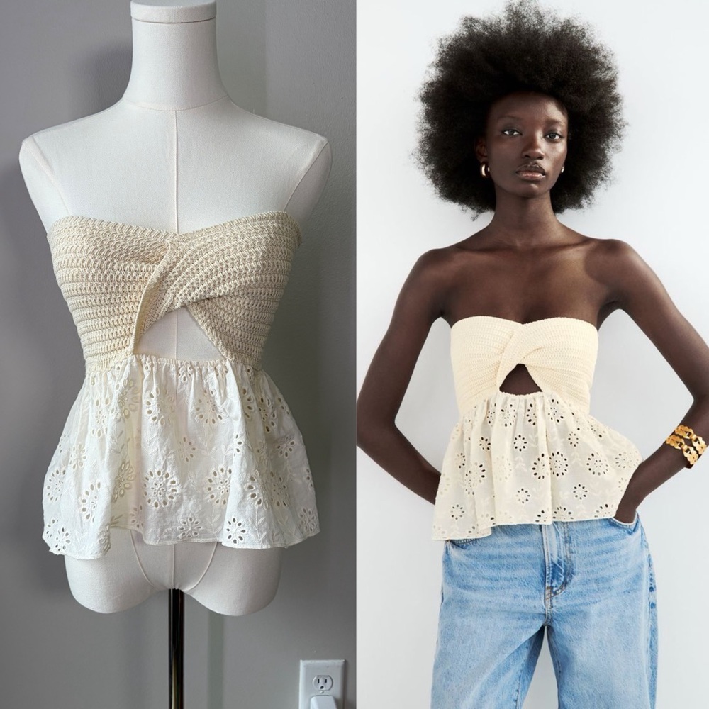 Zara Strapless Combination Mixed Media Knit Twist Front Eyelet Top